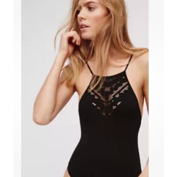 FREE PEOPLE INTIMATELY SEAMLESS SOLSITICE BODYSUIT BLACK, LACE TOP, BOHO, FEMINI - Picture 2 of 10